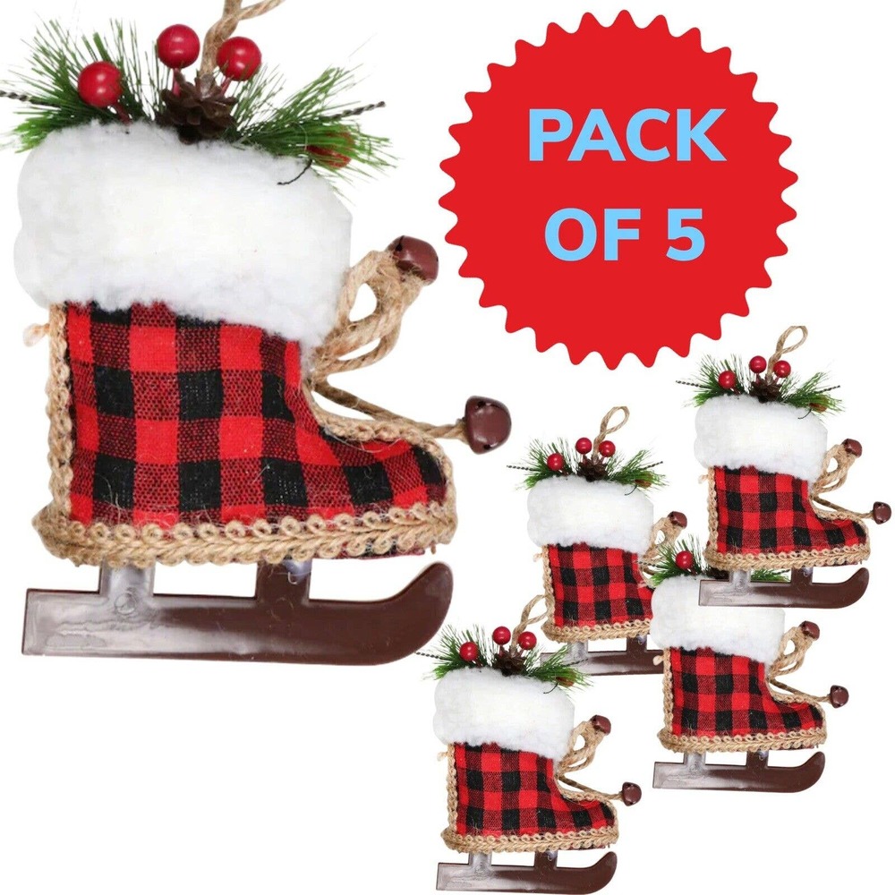 Set Of 5 Santa plaid Ice Skate boots Hanging ornament Red Black Brown